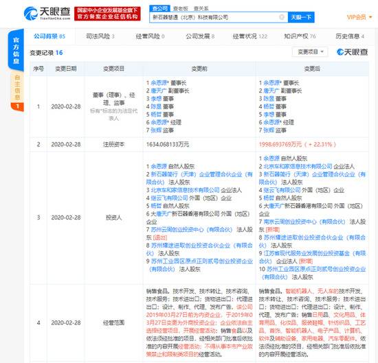 自动驾驶公司新石器注册资本增加22% 李想为其董事