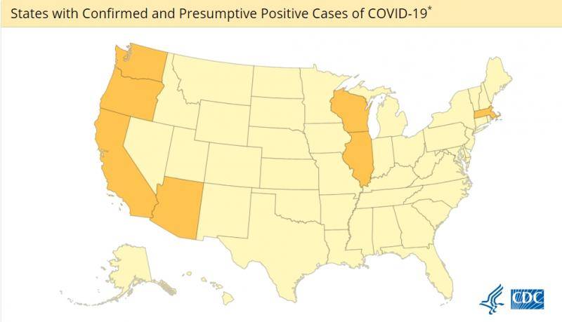 目前全美七个州出现确诊来源：美国疾控中心