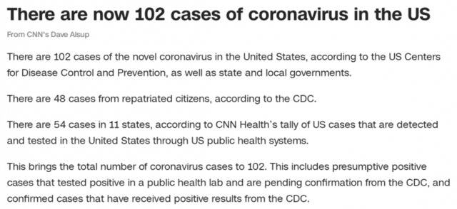 最新：美国共有102例新冠肺炎感染病例