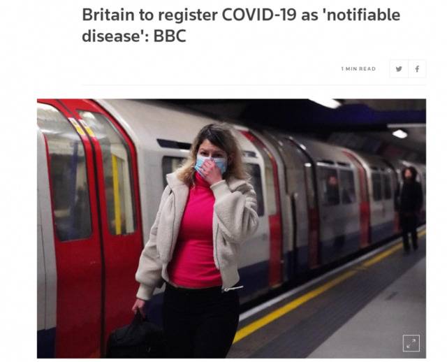 英国正式将新冠肺炎列为“依法须向官方汇报的疾病”