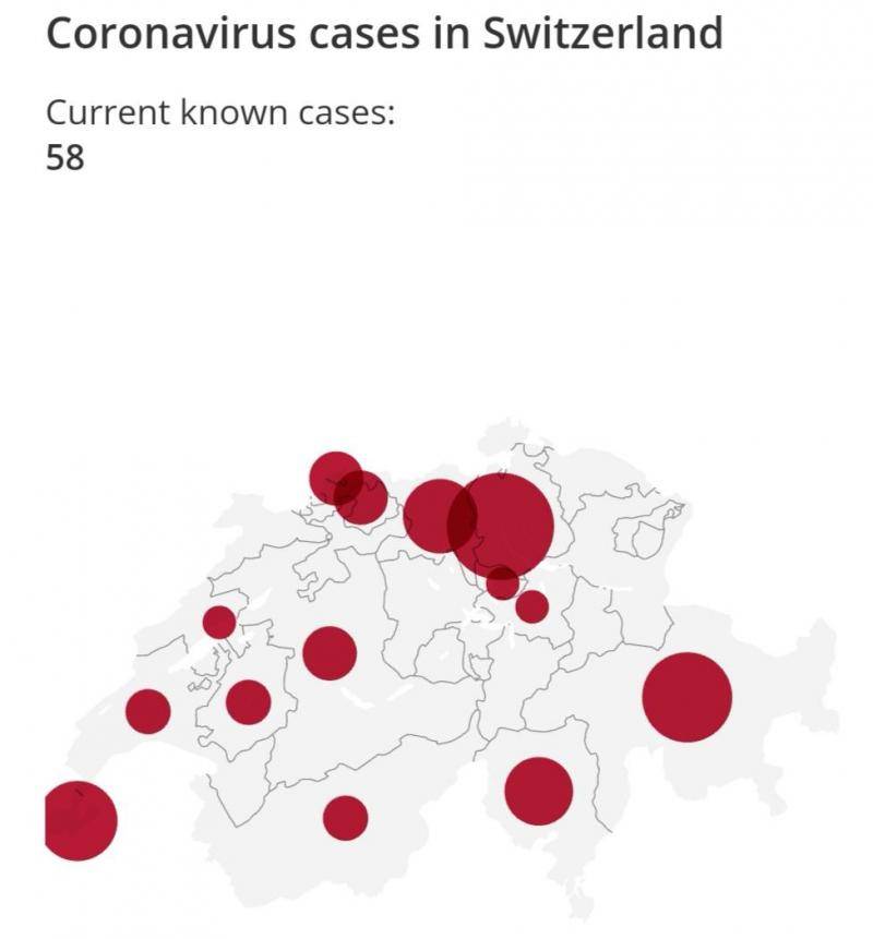 △瑞士确诊病例分布区域（图片来源：瑞士国家电视台官网）