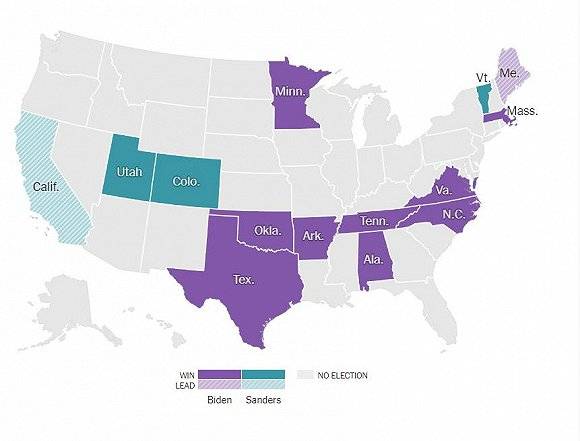 “超级星期二”初选所涉州及部分开票结果来源：纽约时报
