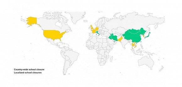 绿色为全国停课，黄色为部分停课。图片来源：UNESCO