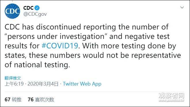 美国疾控中心宣布停止公布检测人数，原因是各州独立检测导致数据“不准”社交媒体截图