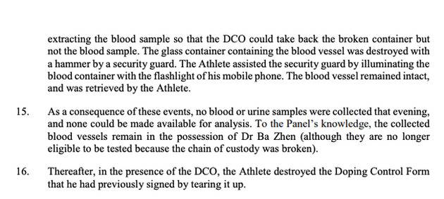 CAS公布仲裁报告：保安用锤砸瓶 孙杨撕毁检测表