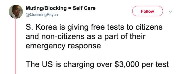 美国网友：韩国提供免费的（新冠病毒）检测，而美国收取3000美元的费用。社交媒体截图