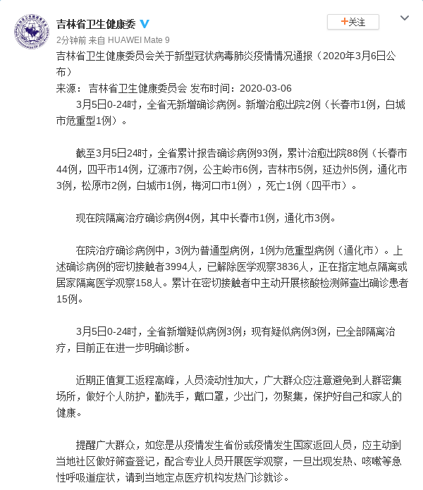 吉林省卫生健康委员会关于新型冠状病毒肺炎疫情情况通报(2020年3月6日公布)