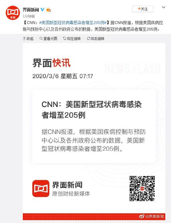 CNN：美国新型冠状病毒感染者增至205例