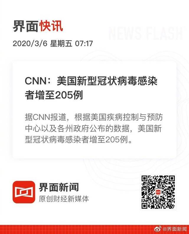 CNN：美国新型冠状病毒感染者增至205例