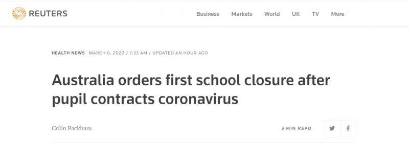 16岁学生感染新冠肺炎，澳大利亚下令关闭第一所学校