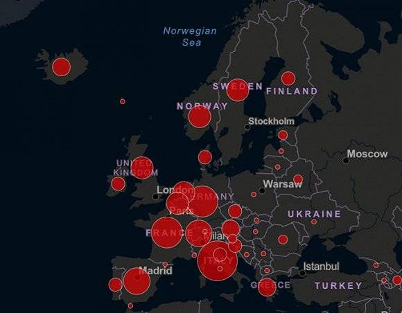 欧洲确诊地图。图片来源：约翰斯·霍普金斯大学