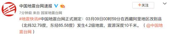 西藏阿里地区改则县发生4.2级地震 震源深度10千米