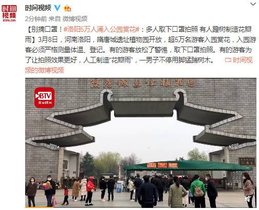 别摘口罩！洛阳5万人涌入公园赏花：多人取下口罩拍照 有人蹬树制造花瓣雨