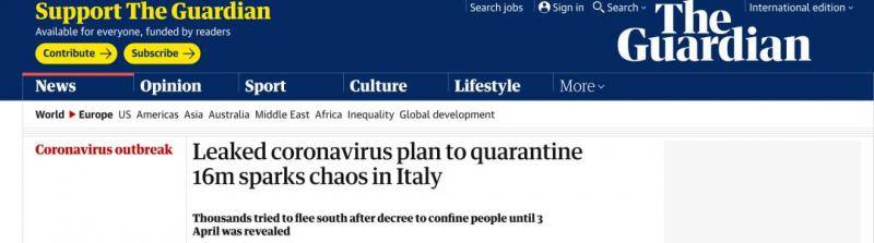 提前公布封闭式管理的计划，造成意大利1600万人恐慌。/《卫报》