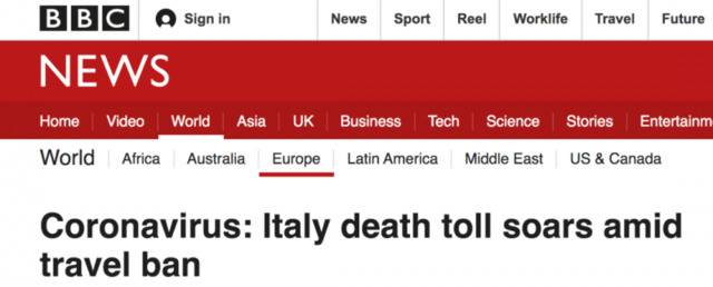 新冠肺炎疫情：意大利旅行禁令颁布的同时，因新冠病毒死亡的人数激增。/ BBC