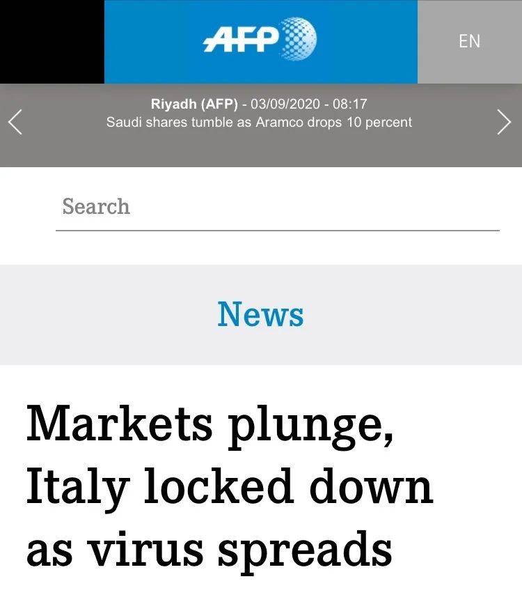 金融市场暴跌，意大利防疫情蔓延封锁城市。/法新社