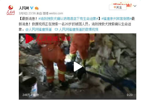 最新消息！消防搜救犬确认坍塌酒店下有生命迹象