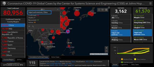 美大学疫情地图将台湾标为“中国台北及周边地区”，岛内网友：这不是很正常么？