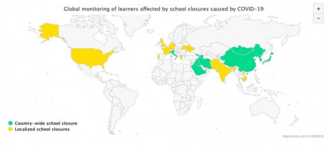 △全球受新冠疫情影响采取停课举措的国家分布图（黄色为部分地区停课的国家，绿色为全国停课的国家）（图片来源：联合国教科文组织）