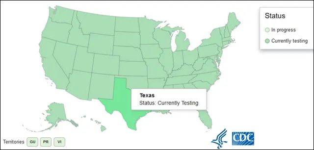 美国疾控中心网站上，各州检测情况目前只显示“正在检测”