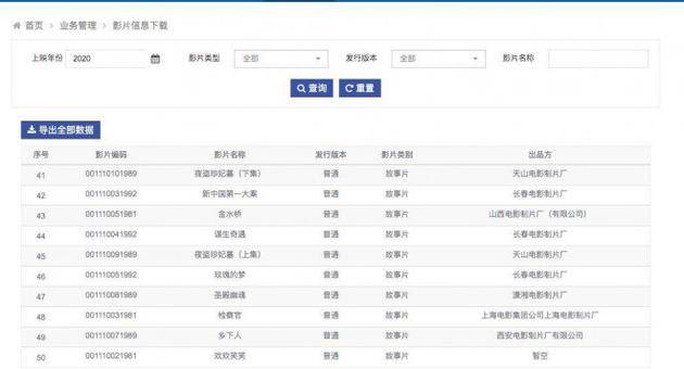 全国电影票务综合信息管理系统片单截图