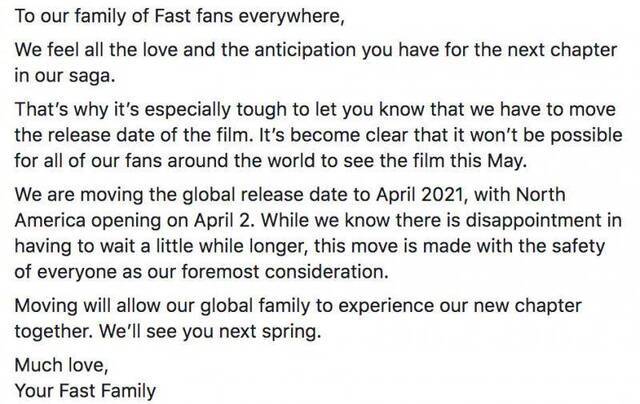 《速激9》延档至明年4月，范老大范·迪塞尔表示失望