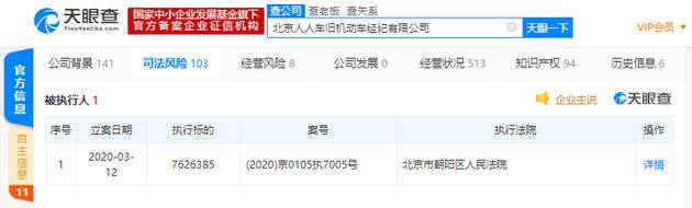 人人车关联公司再度被列为被执行人 执行标的超762万