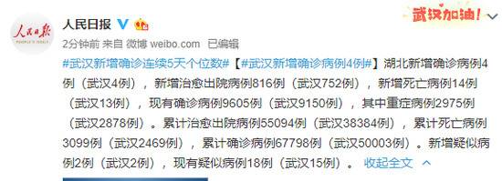 武汉新增确诊连续5天个位数 武汉新增确诊病例4例