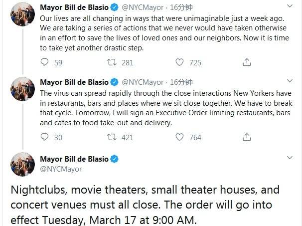 纽约市长命令全市电影院关门
