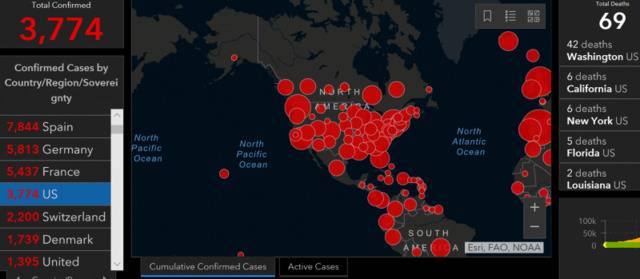 美国确诊感染新冠病毒人数达3774例 死亡病例69例