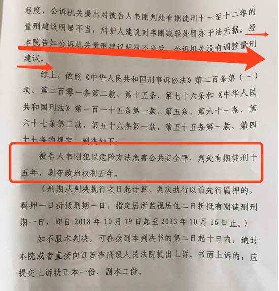 公诉机关曾提出11年至12年的量刑建议，但扬州中院认为“建议明显不当”。最终，韦刚获刑15年，被剥夺政治权利5年。受访者供图