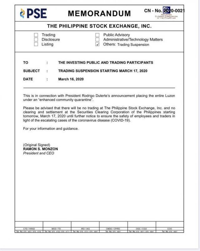 菲律宾证券交易所自3月17日起暂停交易 恢复时间待定