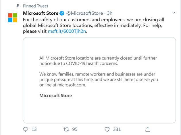 受疫情影响 微软即刻关闭全球所有旗下商店