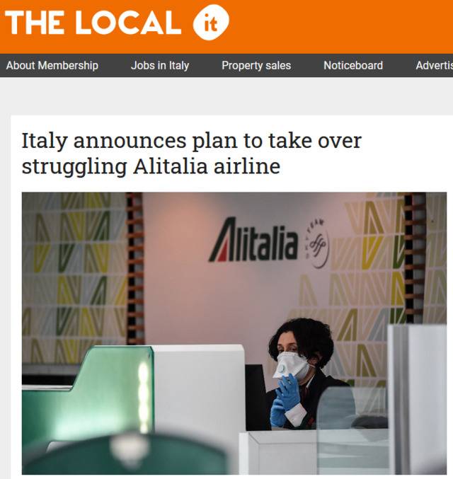 意政府宣布接管困境中的意大利航空图片来源：“地方新闻网”报道截图