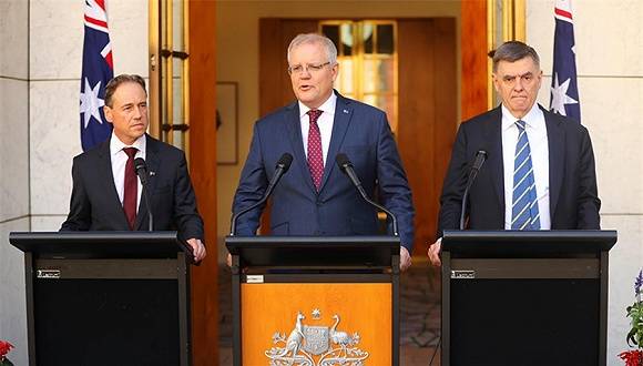 3月11日，澳大利亚总理莫里森和卫生部长、首席医疗官等召开记者会。来源：推特