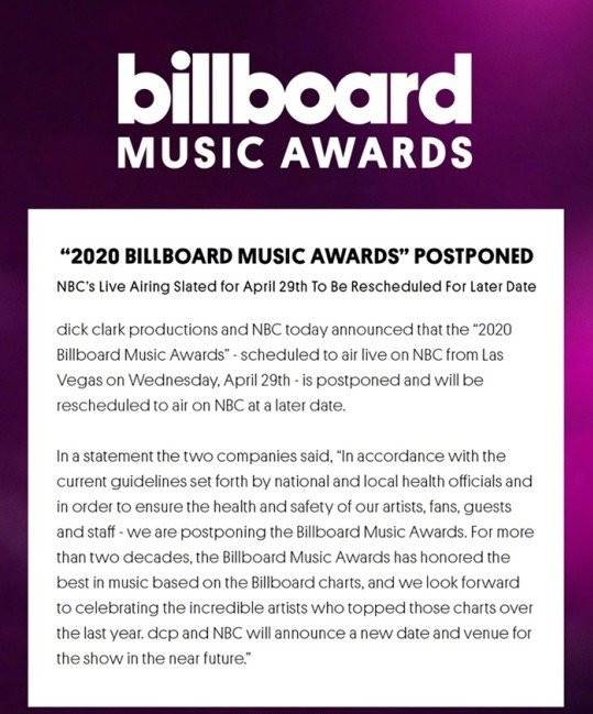 2020 Billboard Music Awards宣布延期