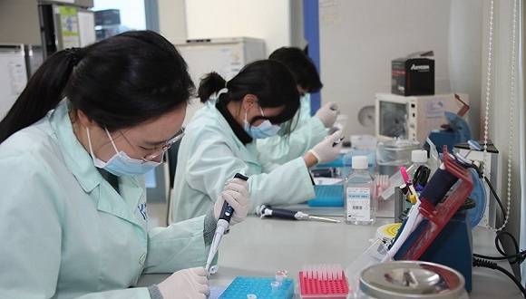 韩国企业Kogene Biotech的研究人员在测试试剂盒。图片来源：Yonhap