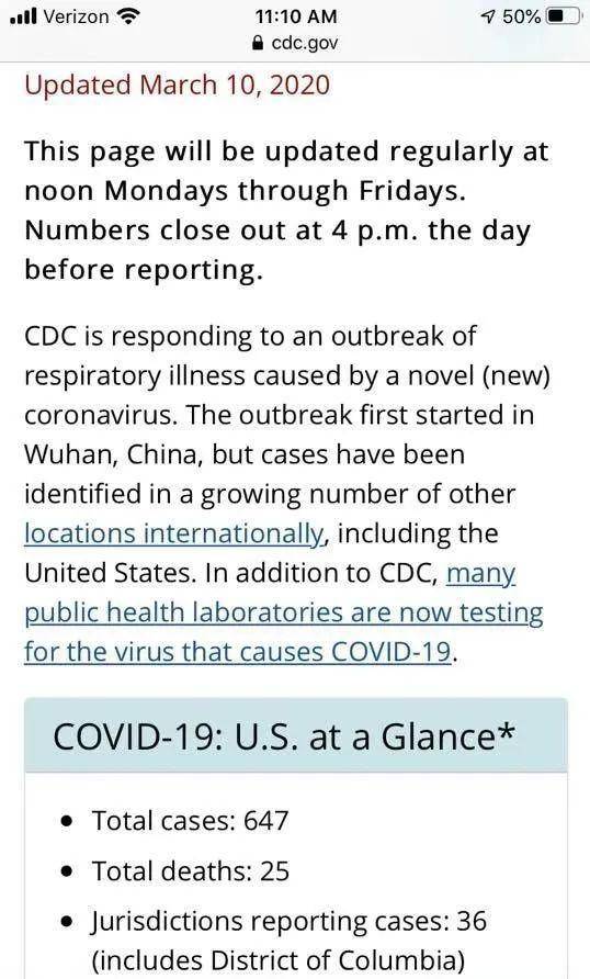3月10日，《纽约时报》和美国疾控中心报道的累计病例数。