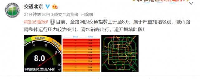 北京全路网交通指数升至8.0，已经达到严重拥堵级别