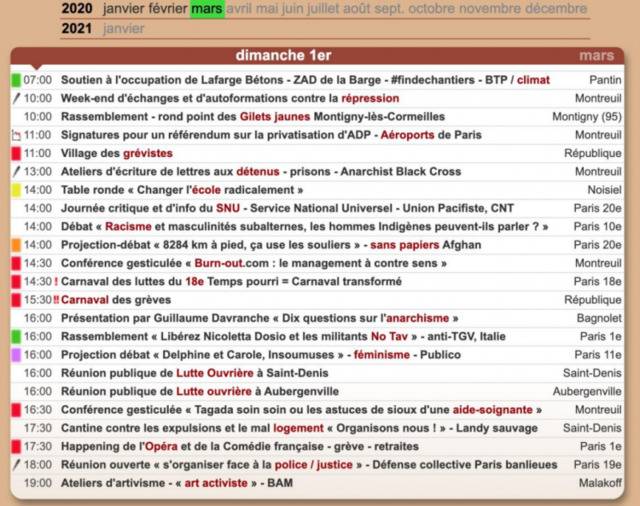 2020年3月1日在巴黎的游行日历。截图自paris.demosphere.net网站