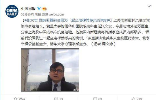 张文宏：目前没看到过因为一起坐电梯而感染的病例