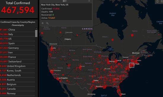 美国新冠肺炎形势图片来源：霍普金斯大学