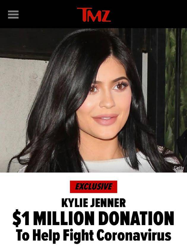 Kylie Jenner捐百万美元抗击肺炎