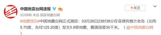 菲律宾棉兰老岛发生5.9级地震 震源深度30千米