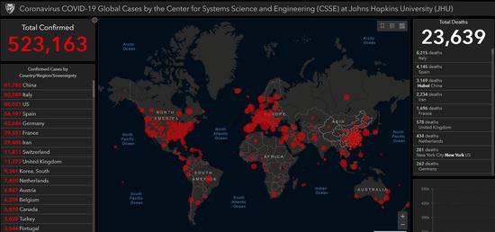 约翰斯·霍普金斯大学实时统计数据截图