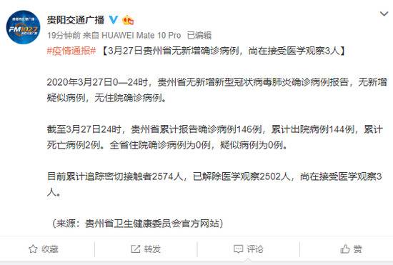 3月27日贵州省无新增确诊病例，尚在接受医学观察3人