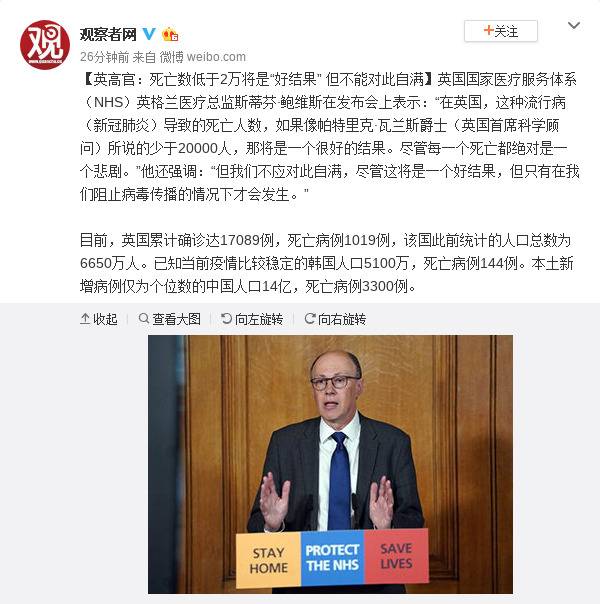 英高官:死亡数低于2万将是