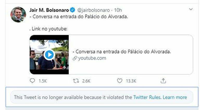 巴西总统发文质疑隔离 推特删帖称其涉嫌发布虚假信息