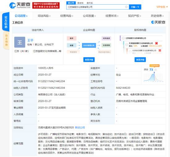 猫眼娱乐成立全资子公司：注资1000万元 王平任法人