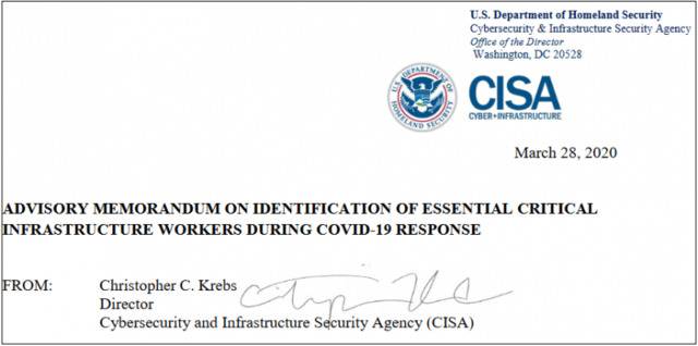 《疫情应对期间，鉴别必要的关键基础设施工作者的咨询意见备忘录》图片来源：国土安全部文件截图